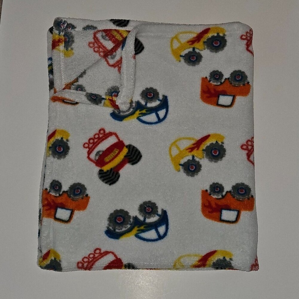 Cutie Pie Monster Truck Car Baby Blanket Orange Yellow Blue Red Gray 29x34